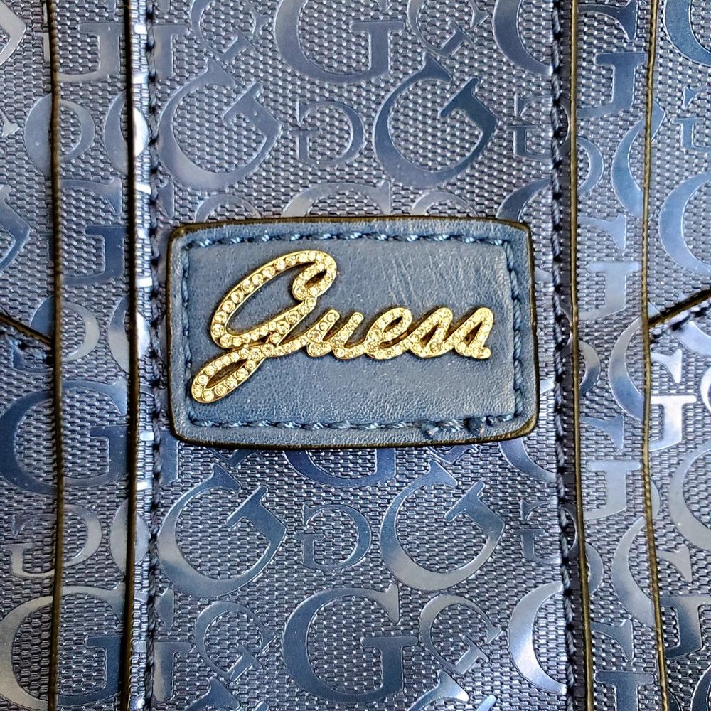 Authentic Classic Y2K GUESS Monogram Tote Cobalt Blue Glossy Silver Accents - Picture 4 of 8